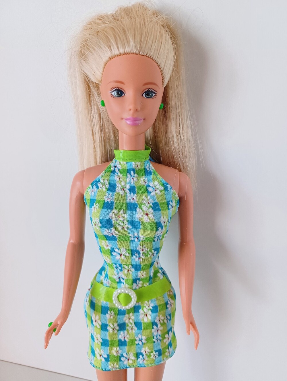 Vintage Barbie Fashion Doll In Flpwer Green And Blue Design Short Dress Toy